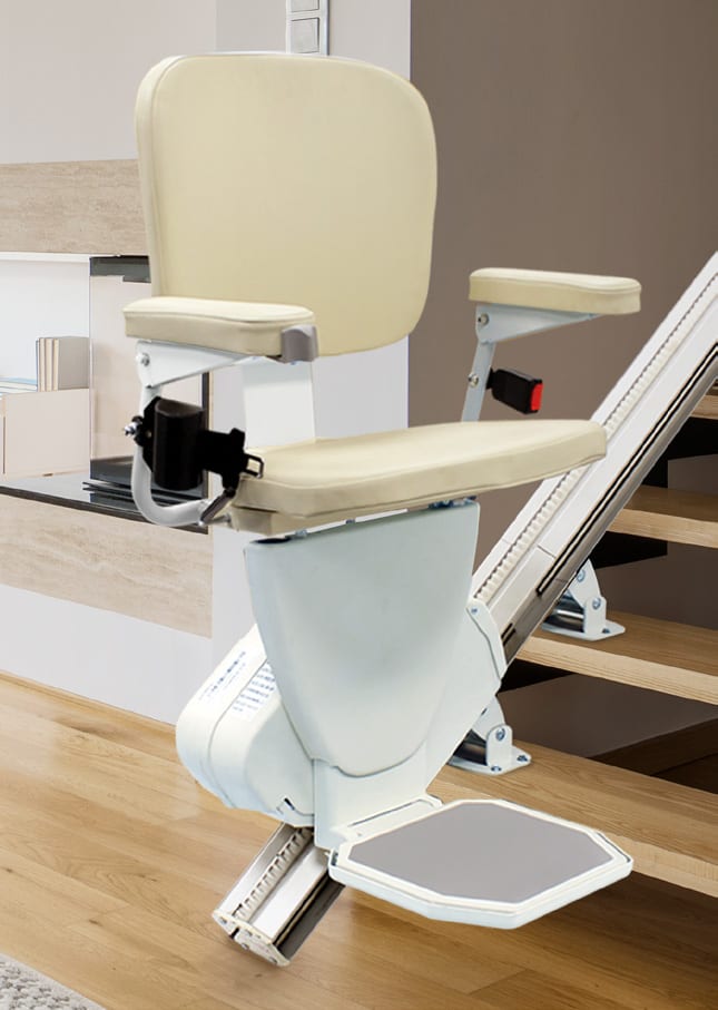 An AmeriGlide Rave 2 stair lift installed on a straight staircase