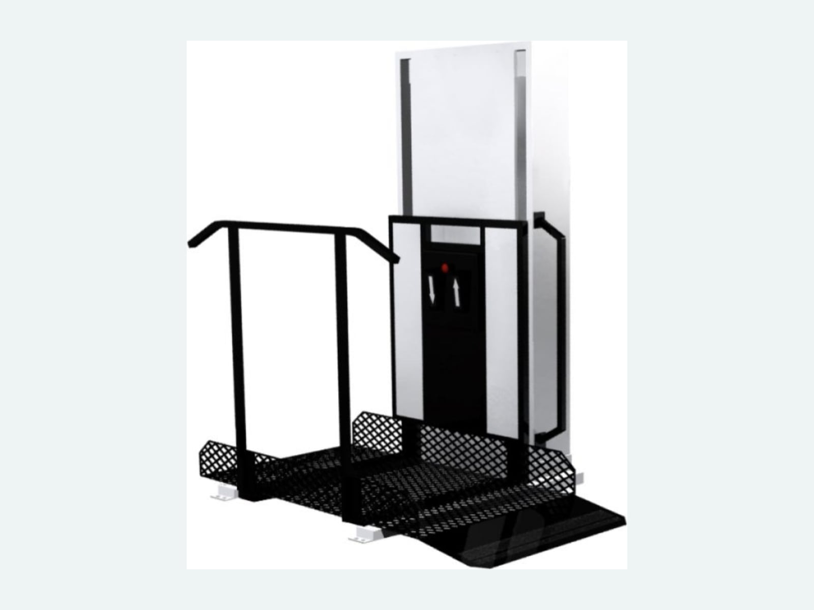 The RAM Trus-T-Lift residential platform lift with handrails and access ramp